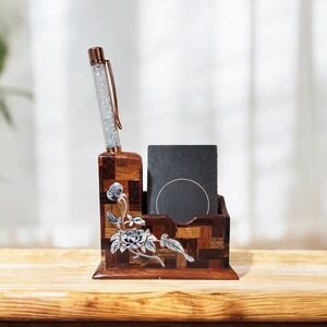 Vintage Vietnamese Handmade Wooden  Pen/Card Holder With Abalone Shell Inlay